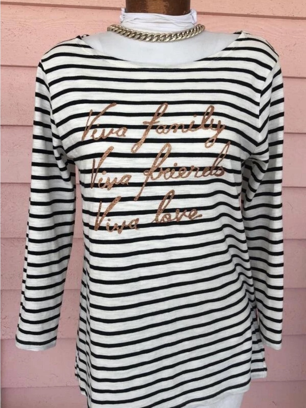 Old Navy Striped Long-Sleeve Boatneck Top with Metallic Script - White/Black